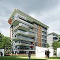 Modern Multi Story Residential Building With Balconies Green Trees And People Around