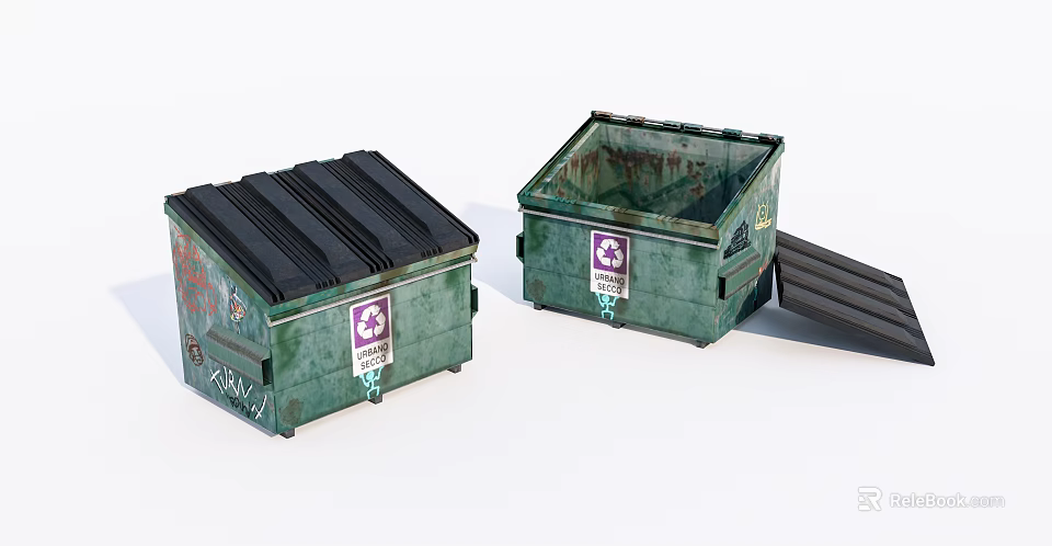Public Facilities Green Recycling Waste Bins With Black Lids Purple Symbols And Graffiti 3d model 