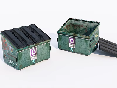 Public Facilities Green Recycling Waste Bins With Black Lids Purple Symbols And Graffiti 3d model