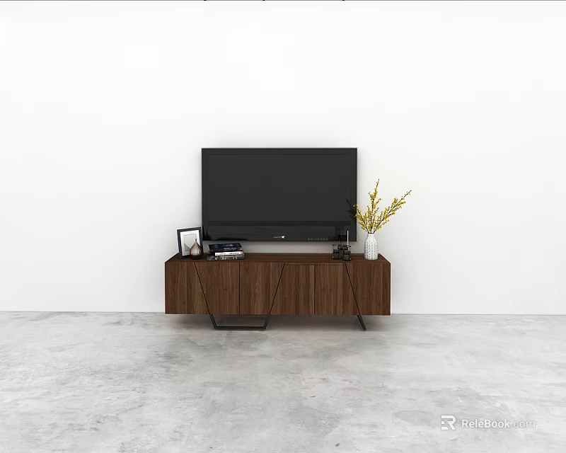 Modern Walnut TV Stand With TV Photo Frame Books And Plant Vase 3d model 