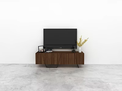Modern Walnut TV Stand With TV Photo Frame Books And Plant Vase 3d model