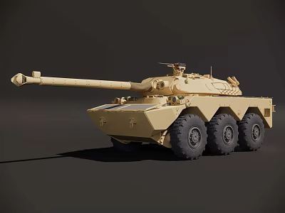 Desert Camouflage Armored Tank With Large Cannon And Six Wheels 3d model