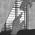 Hands Sculpture Composed of Small Cubes with Large Windows Gray Walls and Light Streaming In