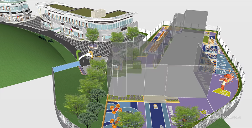 Contemporary Commercial Landscape Design With Architectural Buildings Lush Green Spaces And Play Areas 3d model 