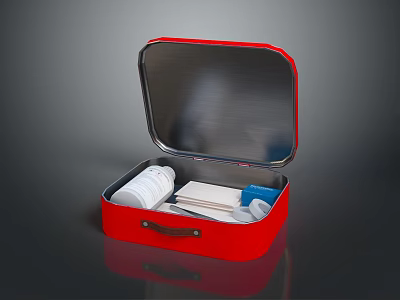 Open Red First Aid Kit With Medical Supplies Bandages And Scissors 3d model