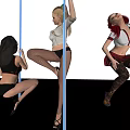 Three Women Posing on Pole with Fishnet Stockings and High Heels in Different Outfits