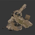 Cave Interior With Stone Walls Bench Gravel Floor Black Patches And Metal Grate