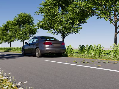 Gray Car Parked On Roadside With Green Trees Grass Flowers And Blue Sky 3d model