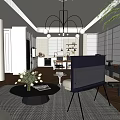 Modern Dining and Living Room Interior Design With Chandelier Sofa Coffee Table And Green Plants