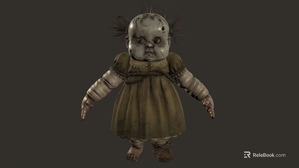 Creepy Old Doll With Tattered Green Dress Sparse Hair And Damaged Face 3d model 