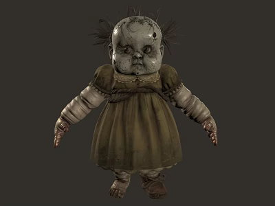 Creepy Old Doll With Tattered Green Dress Sparse Hair And Damaged Face 3d model
