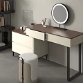Modern Dressing Table With Brown Top White Drawers Round Mirror And Side Shelf 3d model