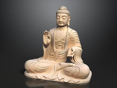 Wooden Buddha Statue With Serene Expression On Lotus Base And Carved Details 3d model
