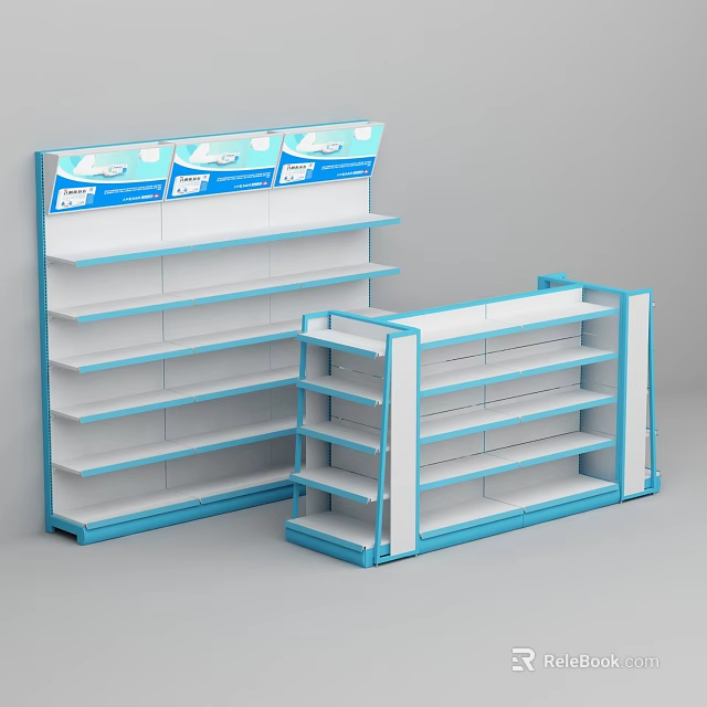Pharmacy Display Shelves With Blue And White Modern Storage Racks 3d model 