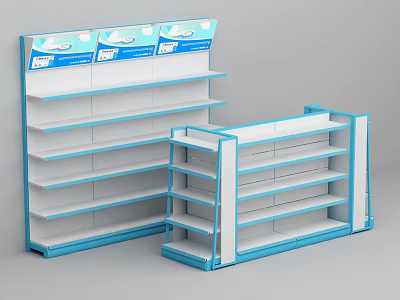 Pharmacy Display Shelves With Blue And White Modern Storage Racks 3d model