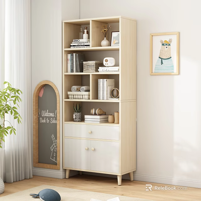 Light Wooden Bookshelf With Books Decorative Items Drawers And Wall Art In Modern Interior 3d model 