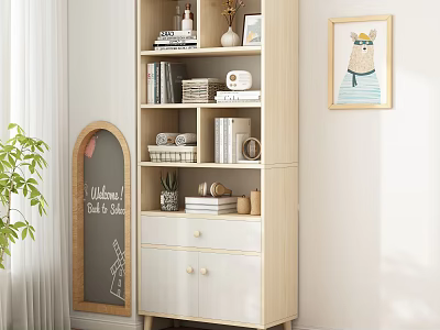 Light Wooden Bookshelf With Books Decorative Items Drawers And Wall Art In Modern Interior 3d model