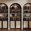 Elegant Arched Bookshelves With Multiple Shelves Decorative Items And Woven Cabinet Doors