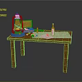 Wooden Table Setup With Kerosene Lamp Open Box Bottle Tools And Papers