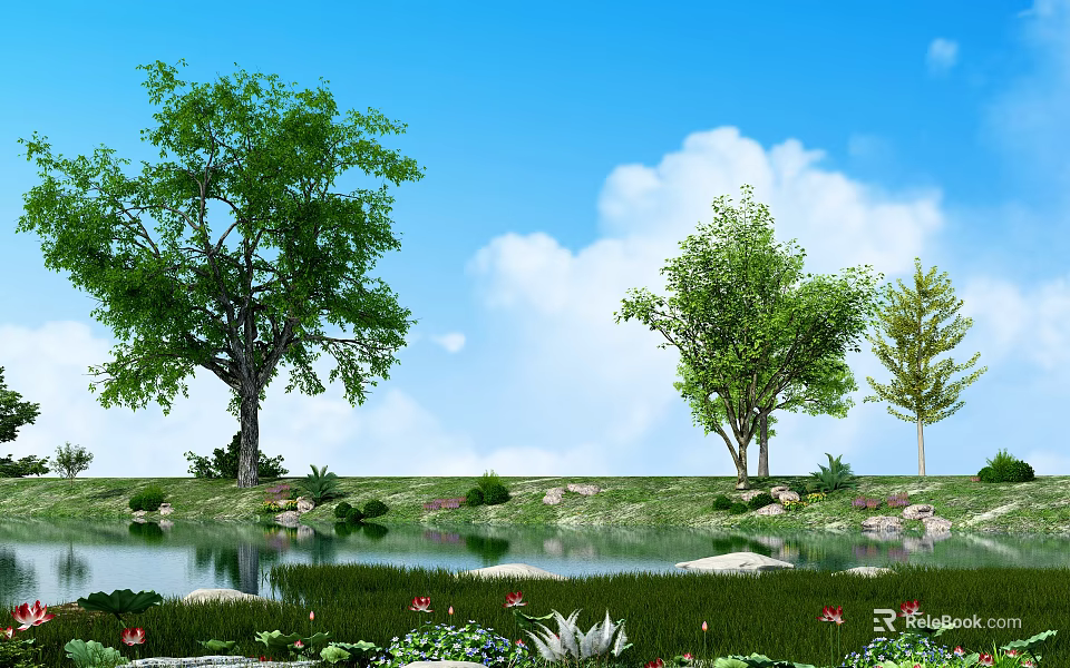 Garden Landscape With Blue Sky White Clouds Large Trees Grassland Pond Stones And Lotus Flowers 3d model 