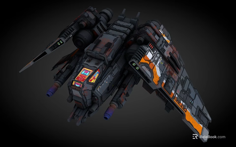 Sci Fi Spaceship Featuring Dark Hull Complex Structure Orange Red Accents And Cannons 3d model 