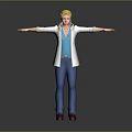 Game and Movie Character With Blonde Hair White Coat Blue Outfit Red Shoes Arms Outstretched