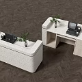Modern White Stone Bar Counter With Laptop Potted Plants And Wooden Cabinets