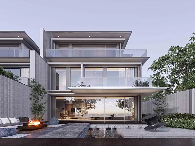 Modern Detached Villa Exterior Design With Glass Balcony Large Windows And Outdoor Greenery 3d model