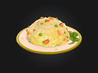 Delicious Fried Rice With Carrots Peas And Fresh Greens On Yellow Rimmed Plate 3d model
