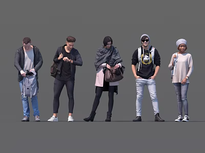 Group of People Standing in Casual Outfits Wearing Hats Scarves and Backpacks 3d model