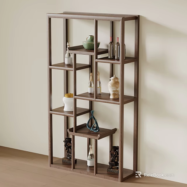 Traditional Chinese Dark Brown Wooden Display Shelf With Multi Tiered Shelves And Decorative Vases 3d model 