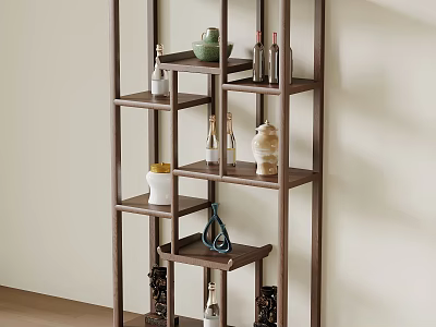 Traditional Chinese Dark Brown Wooden Display Shelf With Multi Tiered Shelves And Decorative Vases 3d model