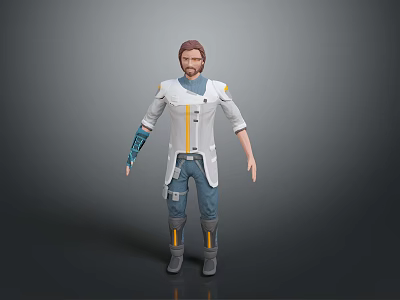 Futuristic Male Character Wearing Detailed White And Blue Outfit With Yellow Accents And Arm Guards 3d model