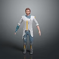 Futuristic Male Character Wearing Detailed White And Blue Outfit With Yellow Accents And Arm Guards
