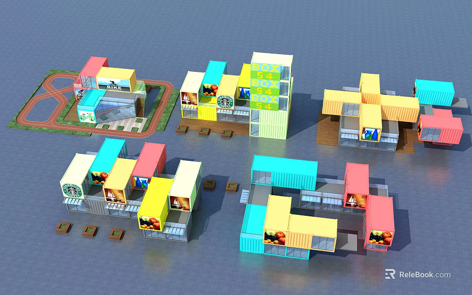 Colorful Container Buildings With Various Multi Level Commercial Space Designs 3d model 