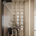 Minimalist Entryway Hallway Design With Lattice Screen And Decorative Bare Tree Branches Warm Lighting