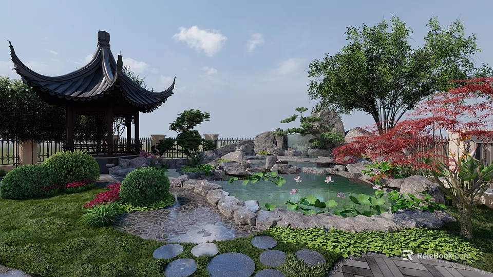 Chinese Style Courtyard Garden With Pavilion Pond Lotus Rocks And Green Plants 3d model 