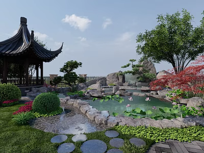 Chinese Style Courtyard Garden With Pavilion Pond Lotus Rocks And Green Plants 3d model