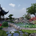 Chinese Style Courtyard Garden With Pavilion Pond Lotus Rocks And Green Plants