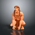 Shirtless Muscular Male Character with Long Hair in Brown Shorts Crouching Pose