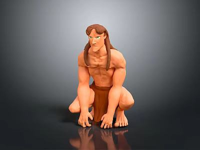 Shirtless Muscular Male Character with Long Hair in Brown Shorts Crouching Pose 3d model