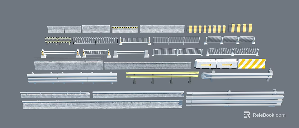 Various Types of Security Fences Including Metal Concrete and Warning Striped Barriers 3d model 