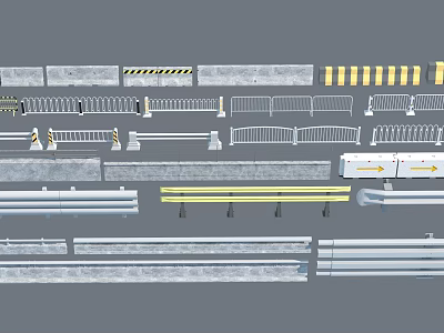 Various Types of Security Fences Including Metal Concrete and Warning Striped Barriers 3d model