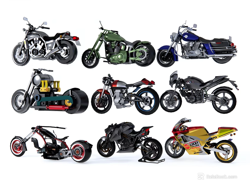 Various Motorcycle Styles Including Vintage Modern Custom And Colorful Designs 3d model 