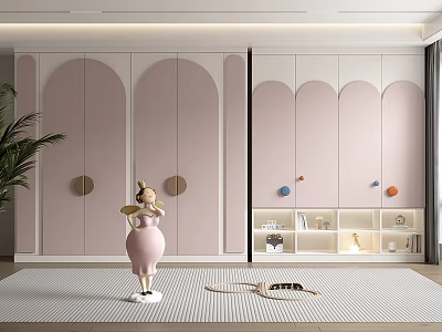 Contemporary Pink And White Wardrobe With Arched Panels Decorative Ornaments And Potted Plant 3d model
