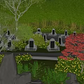 Park Landscape With Tombstones Trees Bamboo Red Maple Tree Rocks And Paths