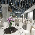Elegant Banquet Hall Interior With White Chairs Table Settings Floral Decorations And Reflective Floor