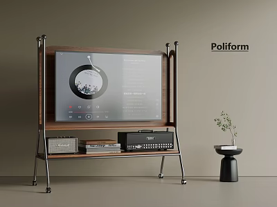Poliform Modern TV with Wooden Stand Metal Frame Audio Equipment Books and Small Plant 3d model