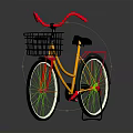 Bicycle With Yellow Frame Red Handlebars Black Basket Black Seat White Rims And Green Spokes