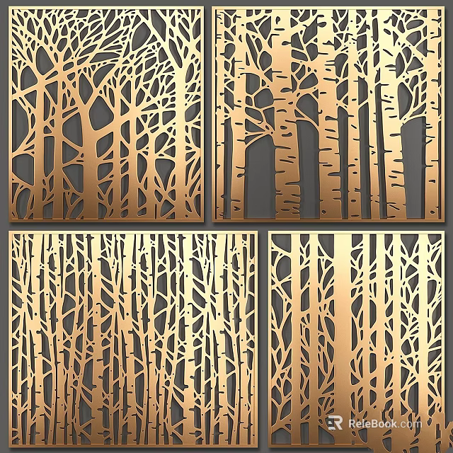 Golden Laser Cut Decorative Panels With Tree Patterns For Interior Design 3d model 